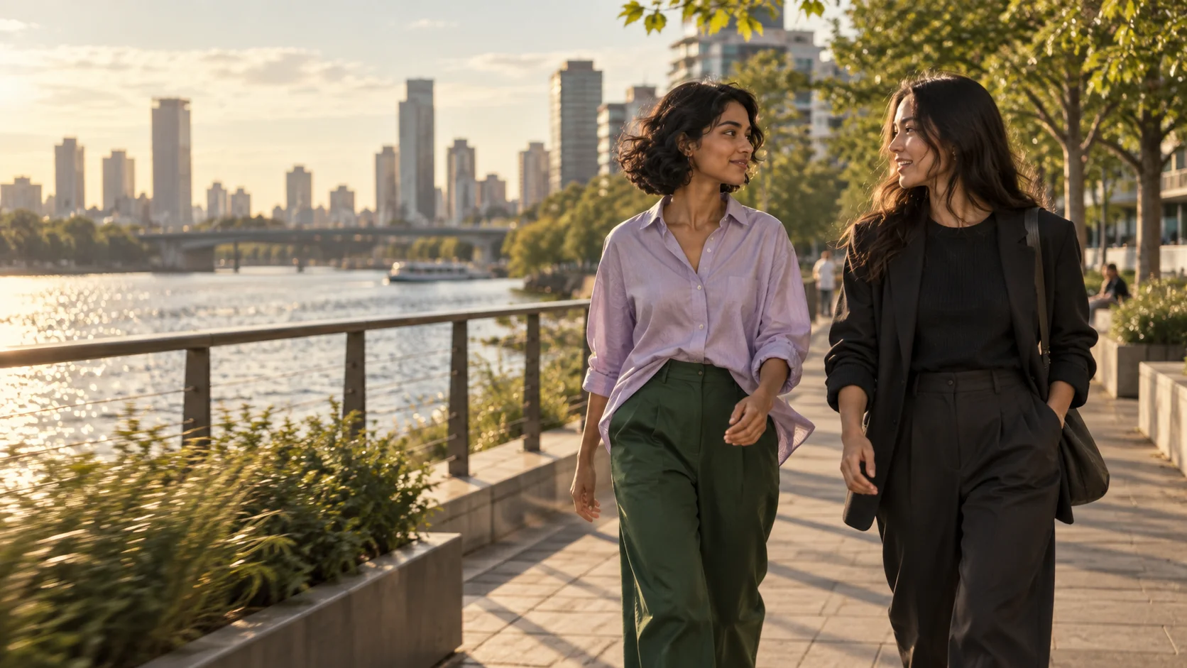 The woman from the morning scene walks beside a friend in the evening light.